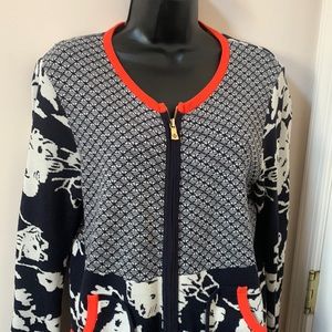 Tory Burch beautiful navy, white and orange cotton cardigan sweater